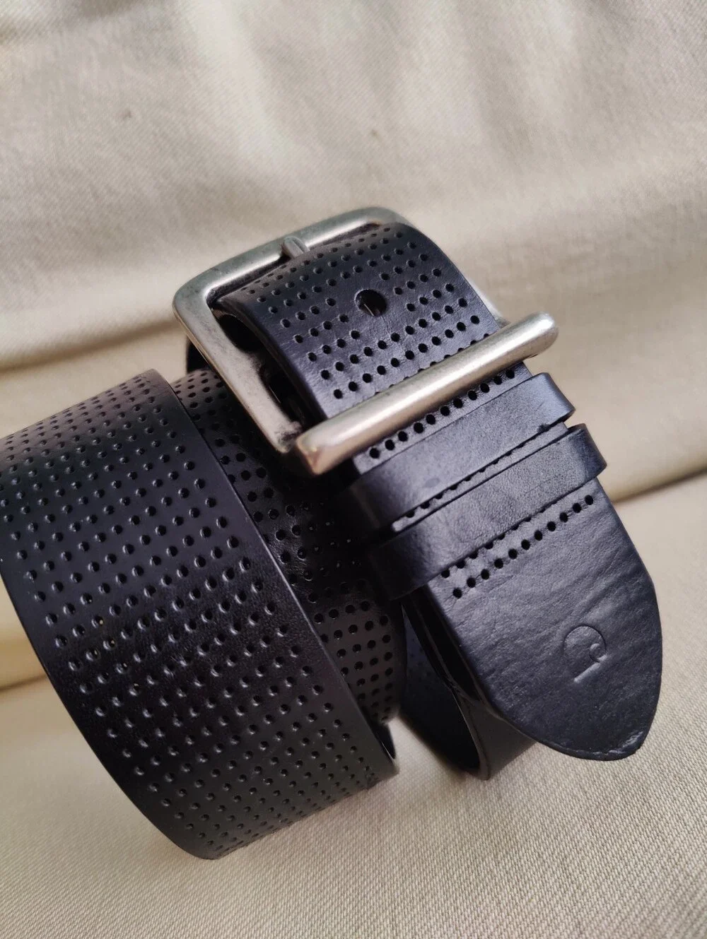 Carhartt Black Perforated Leather Belt with Silver Tone Metal Square Buckle